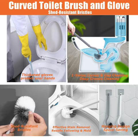 Heavy Duty High Pressure Toilet Plunger Kit With Curved Brush And Comfort Grip Gloves, All In One Drain Clog Buster For Bathroom Sink And Tub, Tough As Nails Game Changer, image showing shed-resistant brush and gloves.