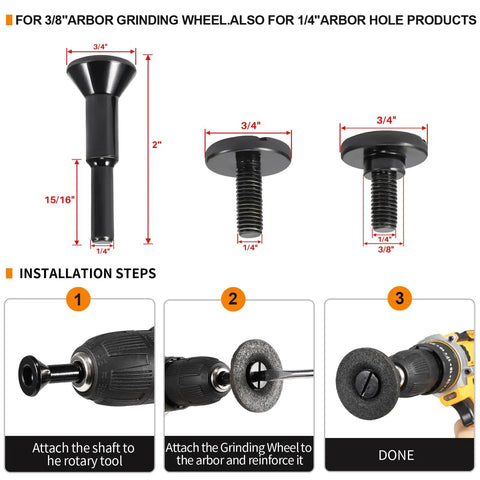 Installation steps for 2 Inch Die Grinder Wheel Set, Fifteen Piece T27 Aluminum Oxide Grinding Discs with mandrels shown