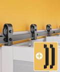 64-Inch Bifold Barn Door Hardware Kit For Four 15-Inch Doors with top mount rollers and two black handles shown on white doors