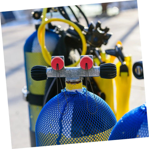 Scuba Tank Valve Cap Protector For Regulator And Air Cylinder Red Safety Cover on diving tanks with blue mesh