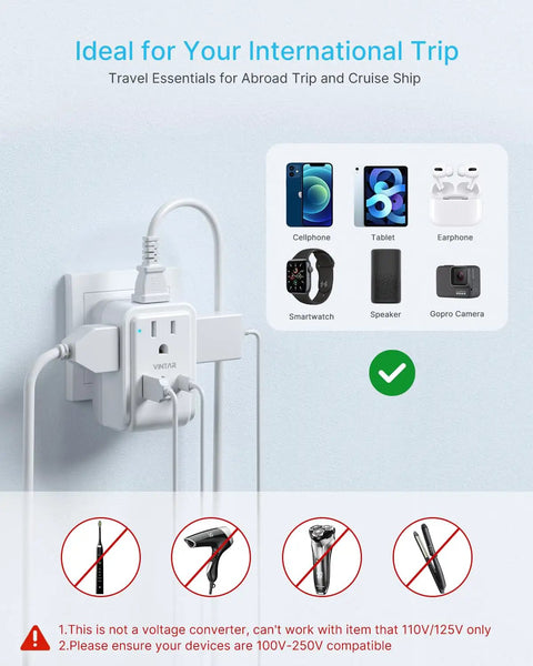 Two Pack European Travel Plug Adapter 7 In 1 Foldable Type C Power Converter No Sweat Build For Continental Europe Trips Grab And Go Essentials Universal Charging Hub Ready in use with devices.