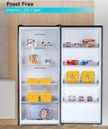 21 Cu Ft Convertible Freezer Refrigerator with Frost Free Glass Shelves For Bulk Meat Stash and Kitchen Flex Swaps from Freezer to Full Size Fridge for Serious Versatility with A Reversible Door to Fit Any Vibe for Your Home Flex Setup - interior view with LED light and organized shelves.