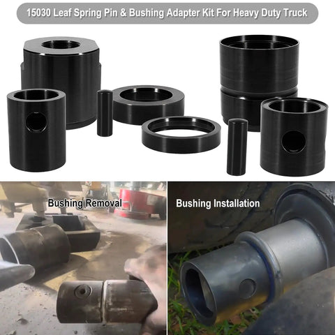 Leaf Spring Pin And Bushing Adapter Service Kit Remover And Installer Tool Set For Heavy Duty Trucks And Equipment Pro Grade Maintenance Kit For Fleet Mechanics And Auto Shops, showing various adapter tools in black steel for bushing removal and installation.