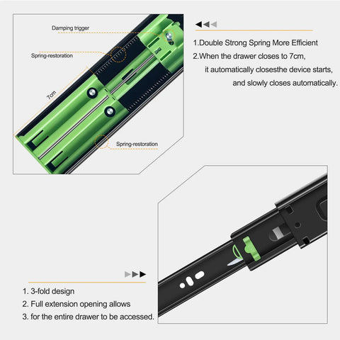 14 Inch Soft Close Drawer Slides Set 6 Pairs Ball Bearing Full Extension Side Mount Heavy Duty 100 LB Capacity Black Cabinet Drawer Slides With Quiet Close Action close-up of black and green soft-close drawer slide mechanism