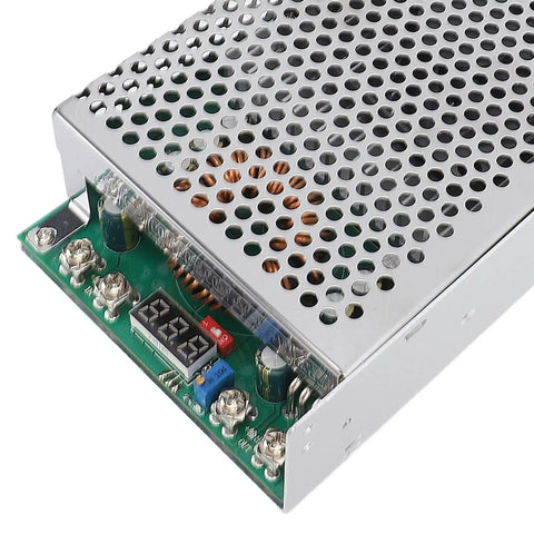 Beefy DC To DC Converter Module With Adjustable Voltage Regulator showing perforated metal casing and circuit board details.