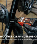 Biobased Fork Suspension Boost for smoother ride and longer seal life, PTFE free, non toxic, biodegradable formula being applied.