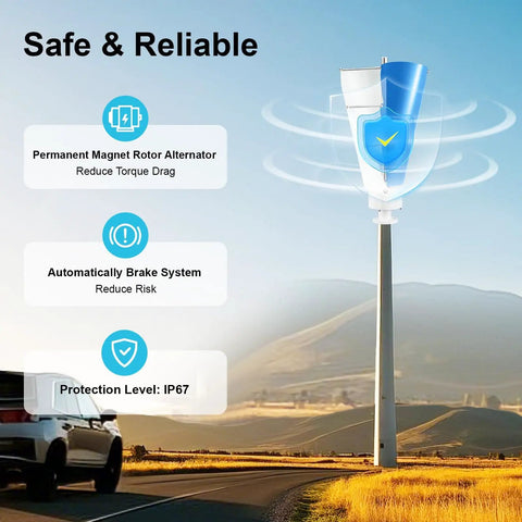 Installed Two Blade 100W Vertical Axis Wind Turbine Kit With Controller For Home Wind Power System DIY Ready Durable Aluminum Blades 12V Output White And Blue Finish Ideal For Home Small Business And Industrial Use, shown roadside with labeled features.