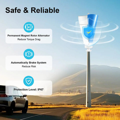 100W 12V Permanent Magnet Vertical Wind Turbine Kit With Controller Dope Quiet Helical Blade near car and mountains, safe design