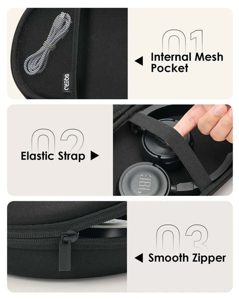 Foldable Hard Shell Over Ear Headphone Case Built Different Hella Tough Travel Organizer Featuring Volume Icon Design showing internal pocket, elastic strap, and smooth zipper.