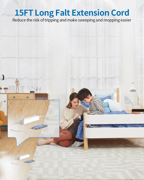 Ultra Thin 15 Ft Flat Extension Cord With 3 Outlets And 2 USB Ports, Wall Mount Power Strip, shown in bedroom setting.