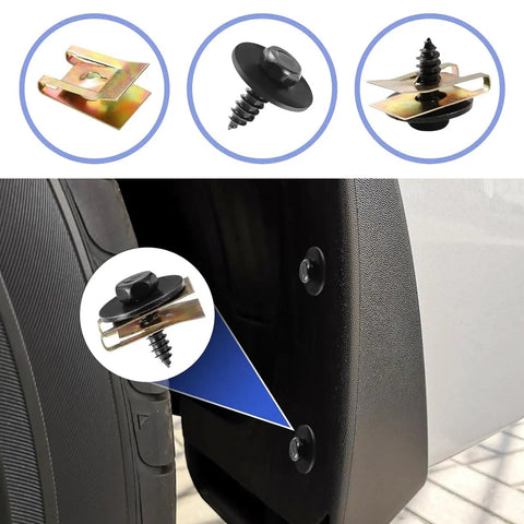 Ride Ready 100 Piece Car Body Fasteners Kit with screws, bolts, U nuts, ABS clips installed on car bumper.