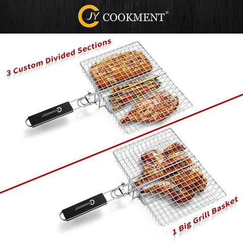 Stainless Steel Grill Basket With Portable Removable Handle For Veggies Shrimp Fish And Steak, Large 21 Inch Cooking Area