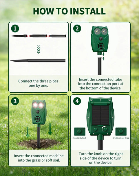 2 Pack Solar Ultrasonic Animal Deterrent With Motion Sensor And LED Lights Waterproof Outdoor Yard Garden Repeller For Deer Raccoon Squirrel Fox Cat And Dog Easy Install installation guide