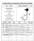 Tungsten jig heads specifications showing weights, sizes, and materials for Rugged Lead Free Tungsten Jig Heads With Premium Mustad Hooks 1/32 To 1/8 Oz Pack Of 5 Goated Freshwater Fishing Jigs For Trout Bass Panfish Snag The Big Ones On Your Next Run.