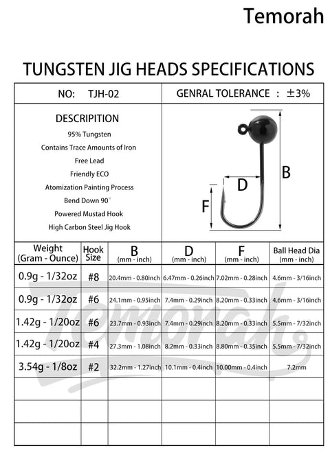 Tungsten jig heads specifications showing weights, sizes, and materials for Rugged Lead Free Tungsten Jig Heads With Premium Mustad Hooks 1/32 To 1/8 Oz Pack Of 5 Goated Freshwater Fishing Jigs For Trout Bass Panfish Snag The Big Ones On Your Next Run.