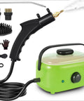 2500W Beast Of A Pressurized Steam Cleaner With 230F Steam, green 2L tank, hose, brush heads, and accessories displayed.
