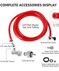 Ball Lock Disconnect Gas Tubing Kit For Soda And Beer Carbonation components display with red 5 ft tubing and accessories.