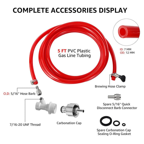 Ball Lock Disconnect Gas Tubing Kit For Soda And Beer Carbonation components display with red 5 ft tubing and accessories.