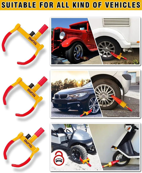 Heavy Duty Wheel Lock Set For Trailers And Cars, Adjustable Anti Theft Wheel Lock With Copper Cylinder, 2 Pack, installed on vehicles