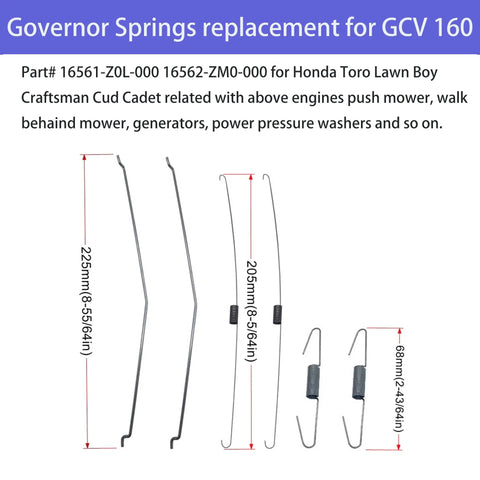 Diagram with governor springs dimensions for GCV 160, includes part numbers and compatible equipment like Honda, Toro, Lawn Boy.