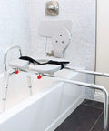 Sliding Transfer Bench With Replaceable Cutout Seat, Heavy Duty Shower Chair for Bath Safety setup across bathtub