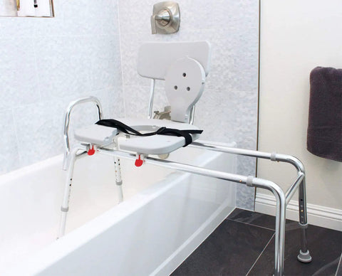 Sliding Transfer Bench With Replaceable Cutout Seat, Heavy Duty Shower Chair for Bath Safety setup across bathtub
