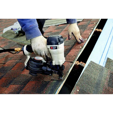 RN175C 15-Degree Pneumatic Coil Roofing Nailer in use on shingles during construction project