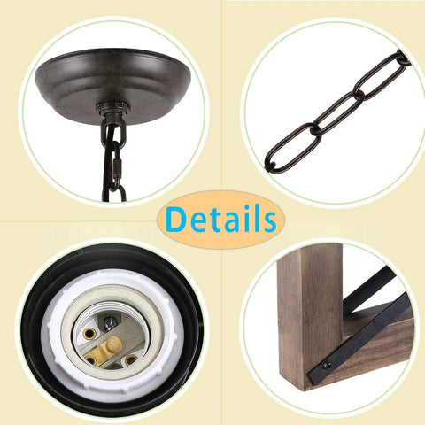 Wood Farmhouse Cage Chandelier Four Light Pendant For Kitchen Island Industrial Chic Dining Table Vintage Edison Ceiling Light Brown And Black Rustic Fixture details