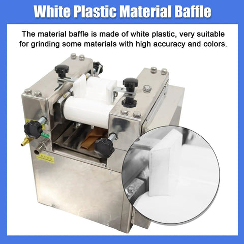 Heavy Duty 110V Triple Roll Mill Grinder With Zirconia Ceramic Rolls And Stainless Steel Tray for paint and coatings, featuring a white plastic material baffle.