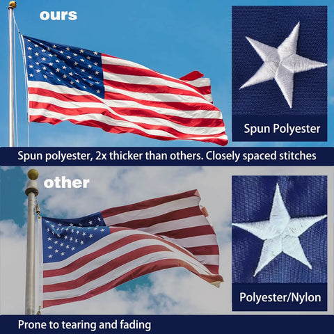 Comparison of Outdoor 3x5 Ft American Flag Deluxe Heavy Duty Spun Polyester vs. polyester/nylon flag on flagpole.