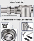Diagram showing the Three And A Half Inch Commercial Sink Drain with Twist Lever Handle for restaurant sinks, featuring an overflow inlet.