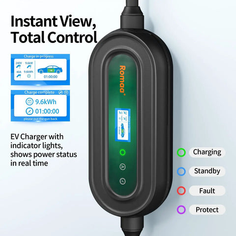 40 Amp Level 2 EV Charger with real-time status display, featuring portable J1772 design and Nema 14-50p plug.