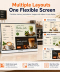 23.8 Inch Countertop Digital Signage Display With Scheduled Power Cycling And Cloud Content Sync For Restaurant Menus And Retail Kiosks As A Game Changer With Zero Headache showing flexible layout options on a café countertop.