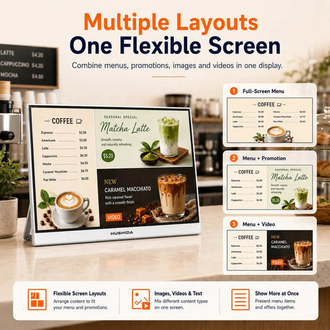 Slick 23.8 Inch Freestanding Digital Menu Board Display With 500 Nit Bright Ips Lcd Screen And Cloud Cms Updates showing flexible layouts.