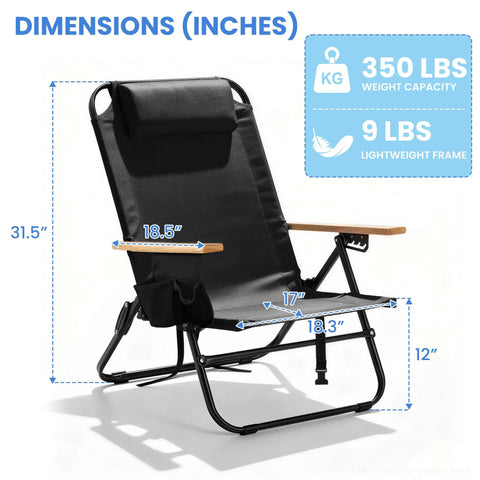 Premium Portable Camping Chair With Five Position Recliner Lightweight Foldable Outdoor Lounger With Wooden Armrests And Headrest