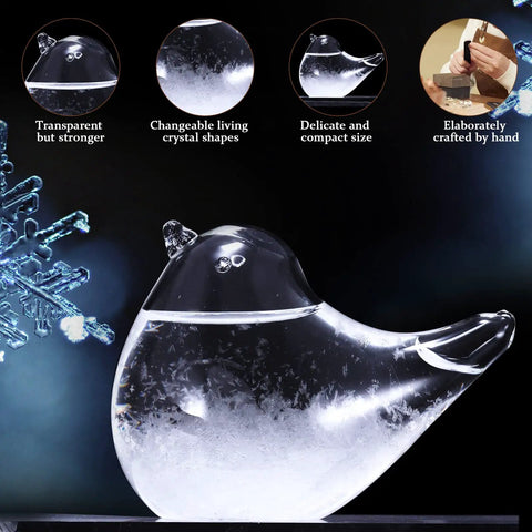 Glass Weather Forecaster Desktop Weather Station Barometer Gift For Women Girlfriend Christmas Birthday Valentine Gift For Her Home Office Decor and Desk Accessory featuring a delicate bird-shaped glass design with crystal patterns and a compact size, set against a dark background with snowflake details.