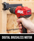 Tough As Nails 20V Brushless Cordless Hammer Drill Kit With Quick Charge Battery and Secure Case Holding 75 Heavy Duty Bits in use.