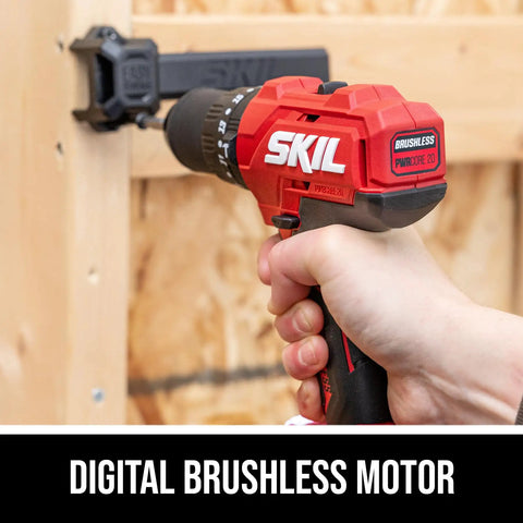 Tough As Nails 20V Brushless Cordless Hammer Drill Kit With Quick Charge Battery and Secure Case Holding 75 Heavy Duty Bits in use.