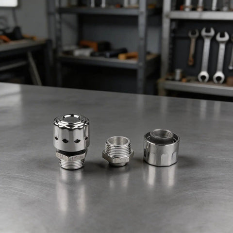 Heavy Duty 40 Micron NPT Hydraulic Tank Breather Cap 2 Pack. Aluminum alloy caps on a metal surface, showing their threaded fittings.