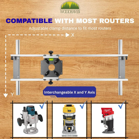 27 Inch Router Sled For Planing And Slab Flattening With Ultra Track Aluminum Rails showing adjustable clamp and compatibility chart