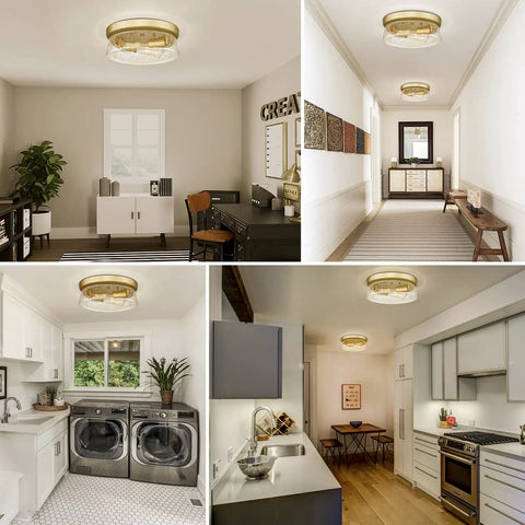 12 Inch 2-Light Modern Gold Flush Mount Ceiling Light With Seeded Glass in various rooms, Brushed Champagne Finish
