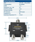 2 Way UHF Splitter With SO239 Female Connector For VHF UHF Radios 50 Ohm Amateur Ham CB Not For TV 136MHz To 174MHz And 400MHz To 520MHz With 3 dB Distribution Loss And VSWR 1.3 Or Less Pro Grade shown with specifications