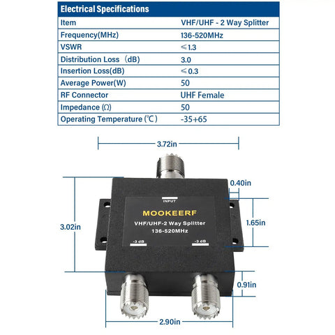 2 Way UHF Splitter With SO239 Female Connector For VHF UHF Radios 50 Ohm Amateur Ham CB Not For TV 136MHz To 174MHz And 400MHz To 520MHz With 3 dB Distribution Loss And VSWR 1.3 Or Less Pro Grade shown with specifications