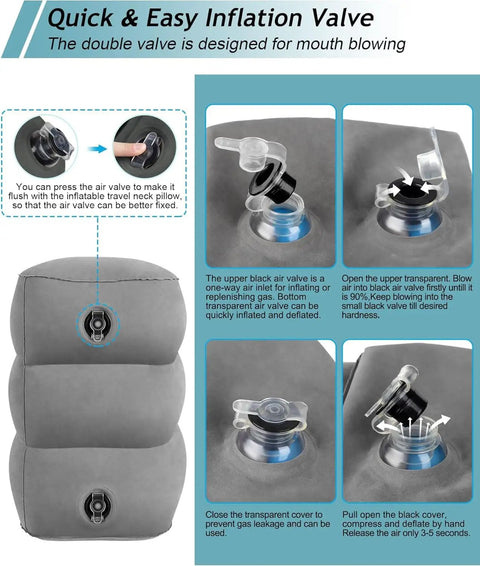 Inflatable Foot Rest Pillow For Travel And Home featuring dual valve for fast inflation and three-layer adjustable design.