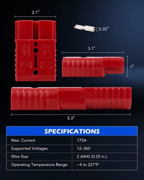 Diagram showing Beefed Up 2 Gauge Wire Harness Connectors 175 Amp Quick Connect Set dimensions and specifications.