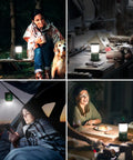 Beast Bright Camping Lantern LED Battery Powered 1500 Lumen, 360 Degree Beam illuminating campsite, workshop, car, and dinner scene.