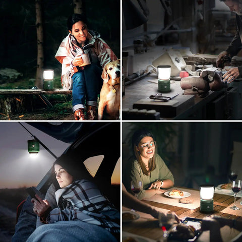 Beast Bright Camping Lantern LED Battery Powered 1500 Lumen, 360 Degree Beam illuminating campsite, workshop, car, and dinner scene.