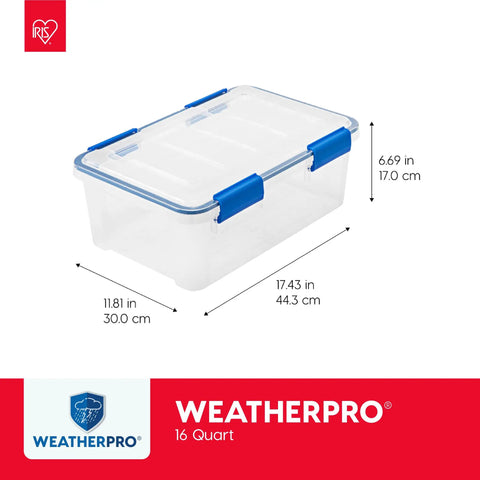 Clear bin with blue latches, part of 16 Qt Weatherproof Storage Bins With Lids 3 Pack BPA-Free Plastic Gasket Boxes With Tight Seals