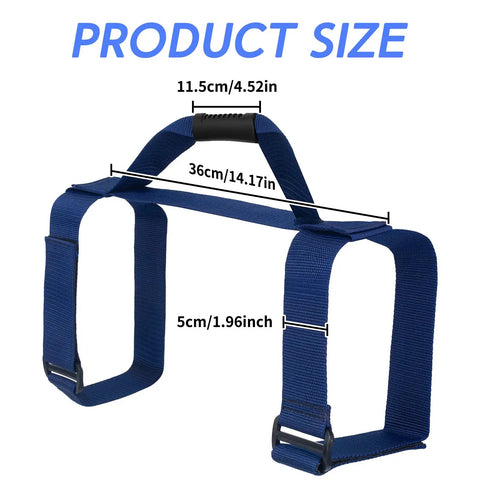 Blue Heavy Duty Scuba Tank Carrier With Adjustable Webbing Strap And Comfort Grip Handle, dimensions displayed