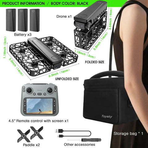 Ultra Foldable Drone With Optical Flow Positioning And 720P HD Camera shown with accessories and carry bag